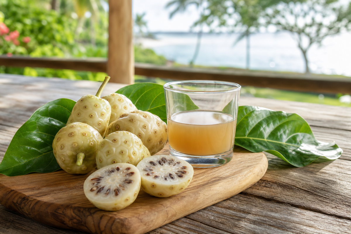 Hawaiian noni fruit and juice